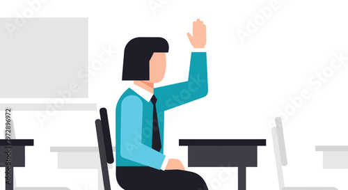 Man sitting at desk with hand raised.