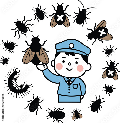 Pest control service worker removing insects bugs flies cockroach extermination concept hygiene protection cartoon vector illustration isolated design