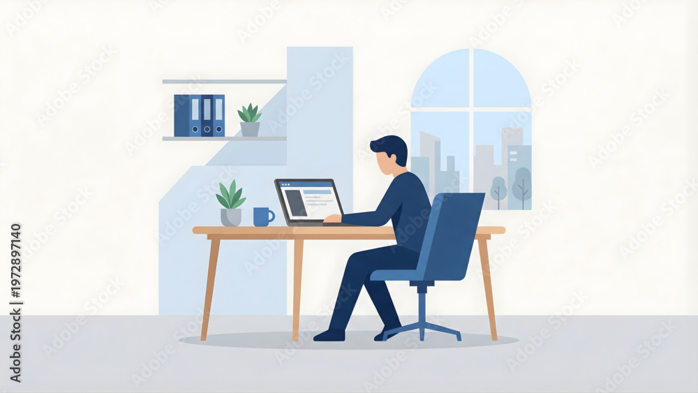 Fototapeta premium Minimal Workspace Layout with Desk and Person Icon 