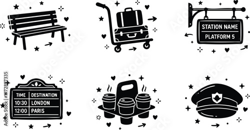Black and white vector art train station sign bench hat luggage coffee cups