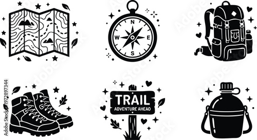 Black and white hiking equipment icons with map compass boots and trail sign