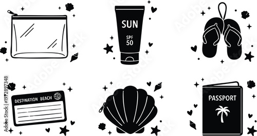 Black and white travel essentials set with sunscreen passport shell flip flops and destination card
