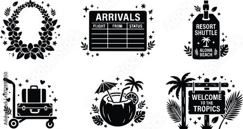 Black and white tropical arrivals sign luggage cart coconut cocktail and welcome to tropics board vector art
