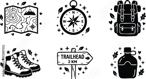 Black and white hiking icons with map compass backpack boots trailhead sign and water bottle