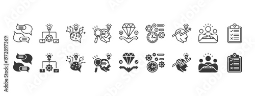 soft skills icon set collection. icon set consist of communication, problem solving, critical thinking, analytical thinking, decision making, time management, leadership, teamwork, and evaluation.