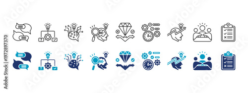 soft skills icon set collection. icon set consist of communication, problem solving, critical thinking, analytical thinking, decision making, time management, leadership, teamwork, and evaluation.