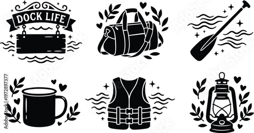 Black and white dock life sign paddle lantern vest bag and cup vector art
