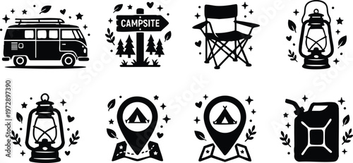 Black camping icons camper van lantern camp chair campsite sign tent location jerry can