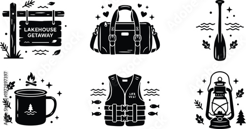 Black and white lakehouse getaway sign duffel bag paddle campfire mug life vest and lantern vector art