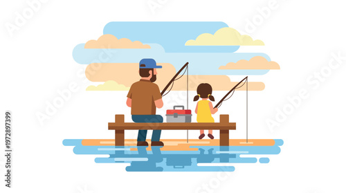 Father and daughter fishing on a wooden pier vector illustration