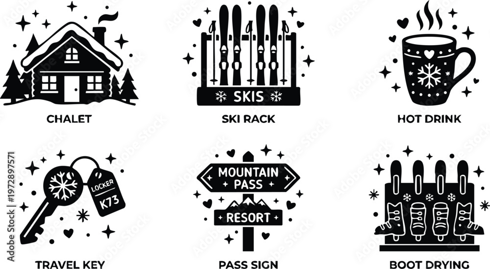 Obraz premium Black and white chalet ski rack hot drink travel key mountain pass sign boot drying vector line art