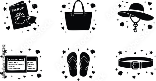 Black and white travel essentials icons including passport sunglasses boarding pass flip flops hat belt and bag