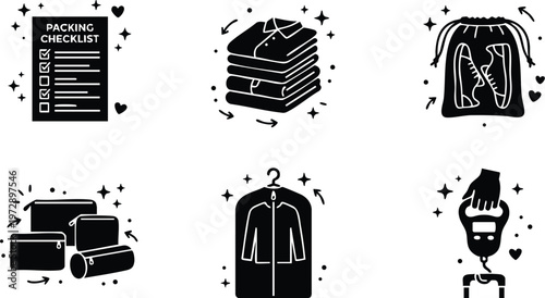 Black and white packing checklist stack of folded clothes shoe bag garment cover and luggage scale icons