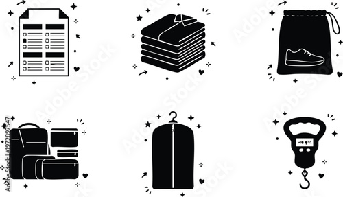 Black and white laundry icons with checklist stacked clothes shoe bag garment bag luggage and scale
