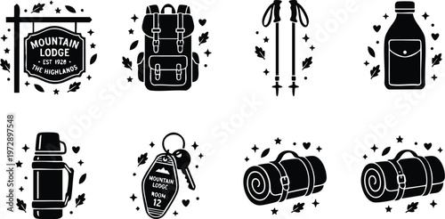 Black and white mountain lodge camping supplies vector art set with sign backpack trekking poles and keys
