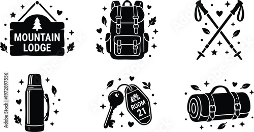 Black and white mountain lodge sign and camping gear vector art with backpack trekking poles thermos and room 21 key