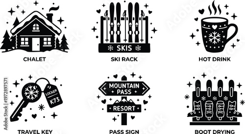 Black and white chalet ski rack hot drink travel key mountain pass sign boot drying vector line art