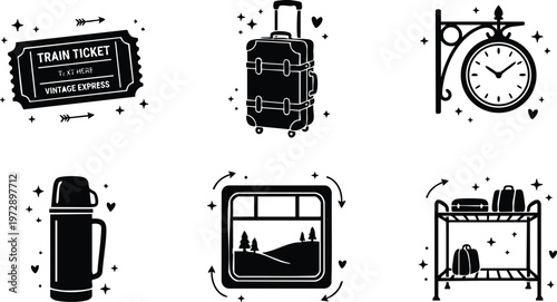 Black and white vintage express train ticket luggage clock thermos window shelf icons
