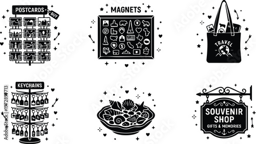 Black and white souvenir shop icons with postcards magnets keychains travel bag and seashell bowl