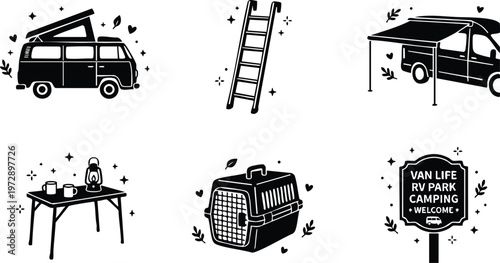 Black and white icons of camping van with roof tent pet carrier table ladder and rv park sign