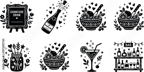 Black and white line art cocktail bar icons with drink bowl champagne and signboard