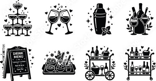 Cocktail drinks and bar cart icons with clinking glasses and drink menu