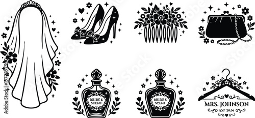 Black and white bridal veil shoes floral comb purse bride scent perfume and personalized hanger illustration