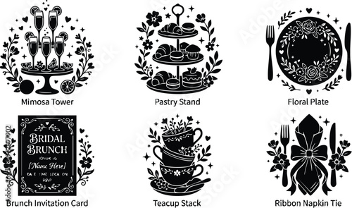 Black and white bridal brunch mimosa tower pastry stand floral plate and teacup stack with ribbon napkin tie