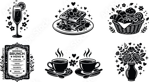 Black and white brunch menu with coffee cups waffles and flower bouquet vector art