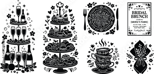 Black and white bridal brunch champagne cupcakes tea cups and floral napkin vector art