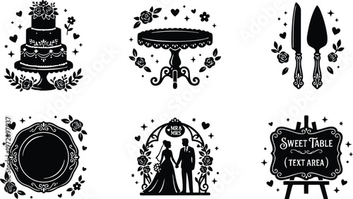 Black and white wedding cake knife cake stand bride and groom silhouettes sweet table sign vector art