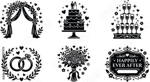 Black and white wedding cake rings bouquet arch champagne glasses happily ever after sign vector art