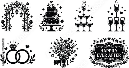 Black and white wedding icons including cake arch rings bouquet champagne and happily ever after sign