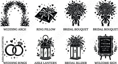 Black and white wedding arch ring pillow bridal bouquet lantern and welcome sign vector art