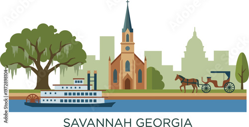 Savannah Georgia City Skyline Illustration.