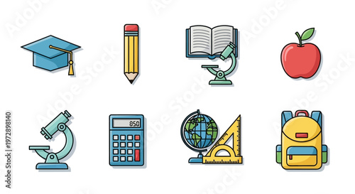 School supplies and education icons.