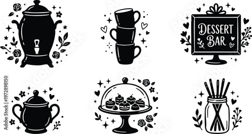 Black and white dessert bar set with teapot cake stand and cups vector art