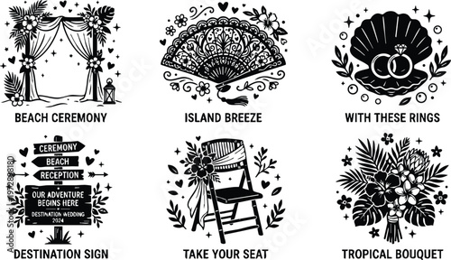 Black and white tropical wedding icons with beach ceremony fan rings bouquet and destination sign