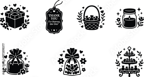 Black and white thank you tag with gift box basket and candle icons vector art