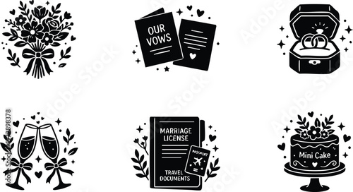 Black and white wedding vows ring bouquet membership documents and mini cake vector art