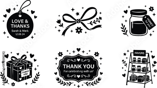 Black and white thank you gift tags with hearts flowers and jar honey favors set