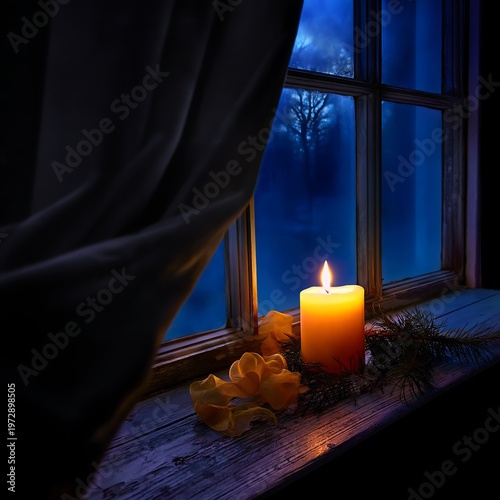 Candle Glowing at Twilight Window, Peaceful Winter Holiday Evening