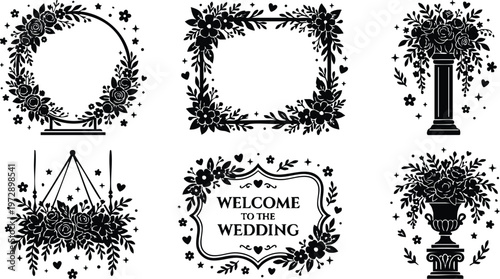 Black and white floral wedding decor frames and pedestal flower arrangements vector art