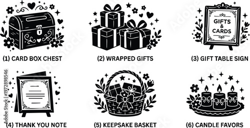 Black and white candle favors wrapped gifts card box chest keepsake basket line art