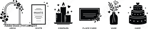 Black and white wedding arch invite candles place card vase and cake vector art