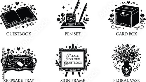 Black and white floral vase pen set guestbook sign frame card box keepsake tray icons