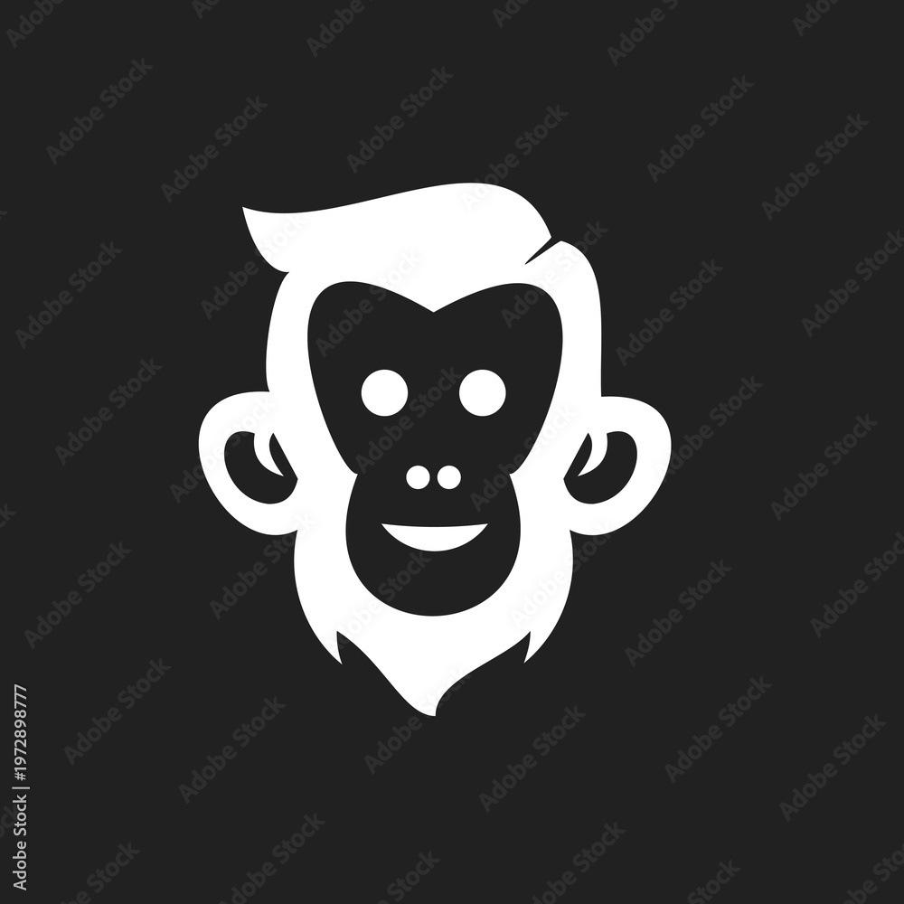 Obraz premium Minimalist White Monkey Head Vector Logo with Smiling Face Icon