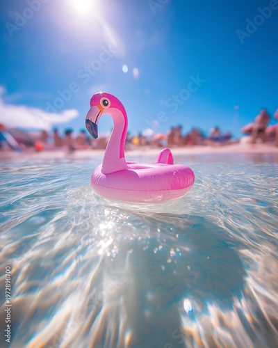 Pink Flamingo Pool Float Floating in Sunny Summer Beach Ocean