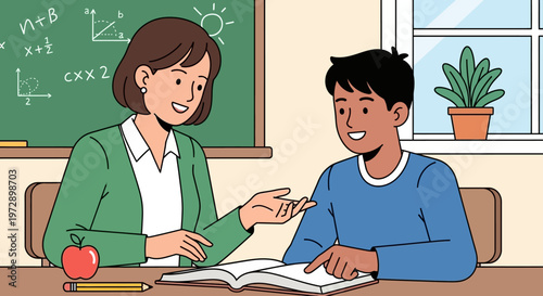 Teacher and student in classroom discussion.