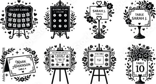 Black and white floral escort cards seating plan and table name signs vector art